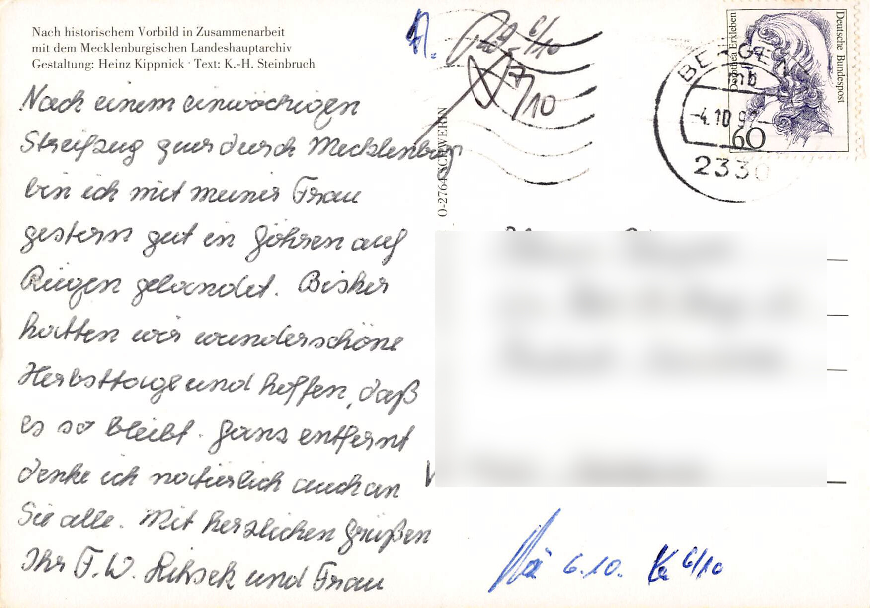 Mecklenburg Wappen-Postkarte – gelaufen 1991, DDR/BRD-Übergangszeit – Bild 2
