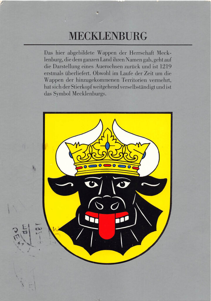 Mecklenburg Wappen-Postkarte – gelaufen 1991, DDR/BRD-Übergangszeit