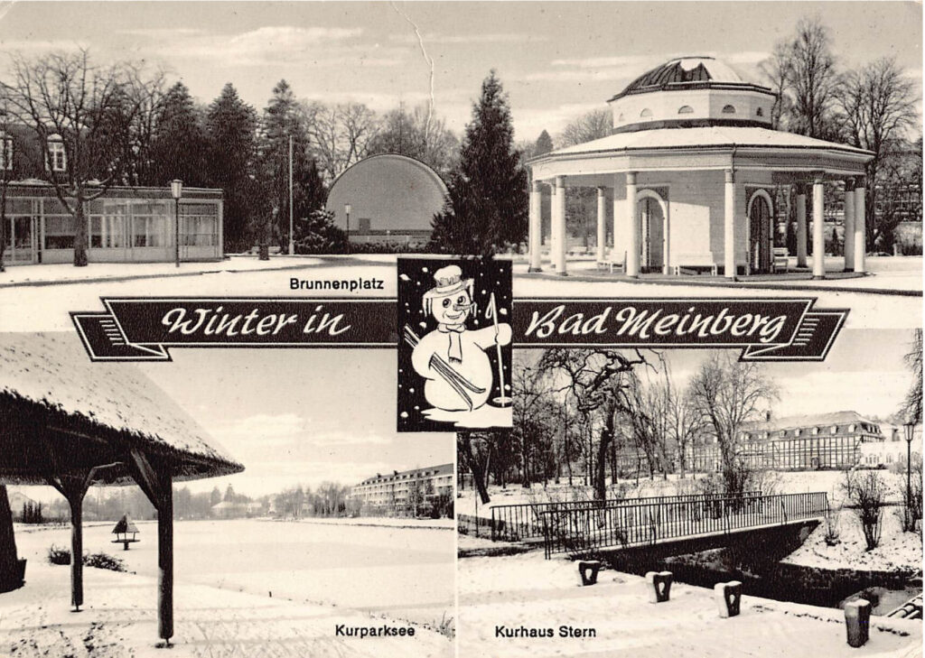 Bad Meinberg im Winter – Brunnenplatz, Kurparksee, Kurhaus Stern 1980er