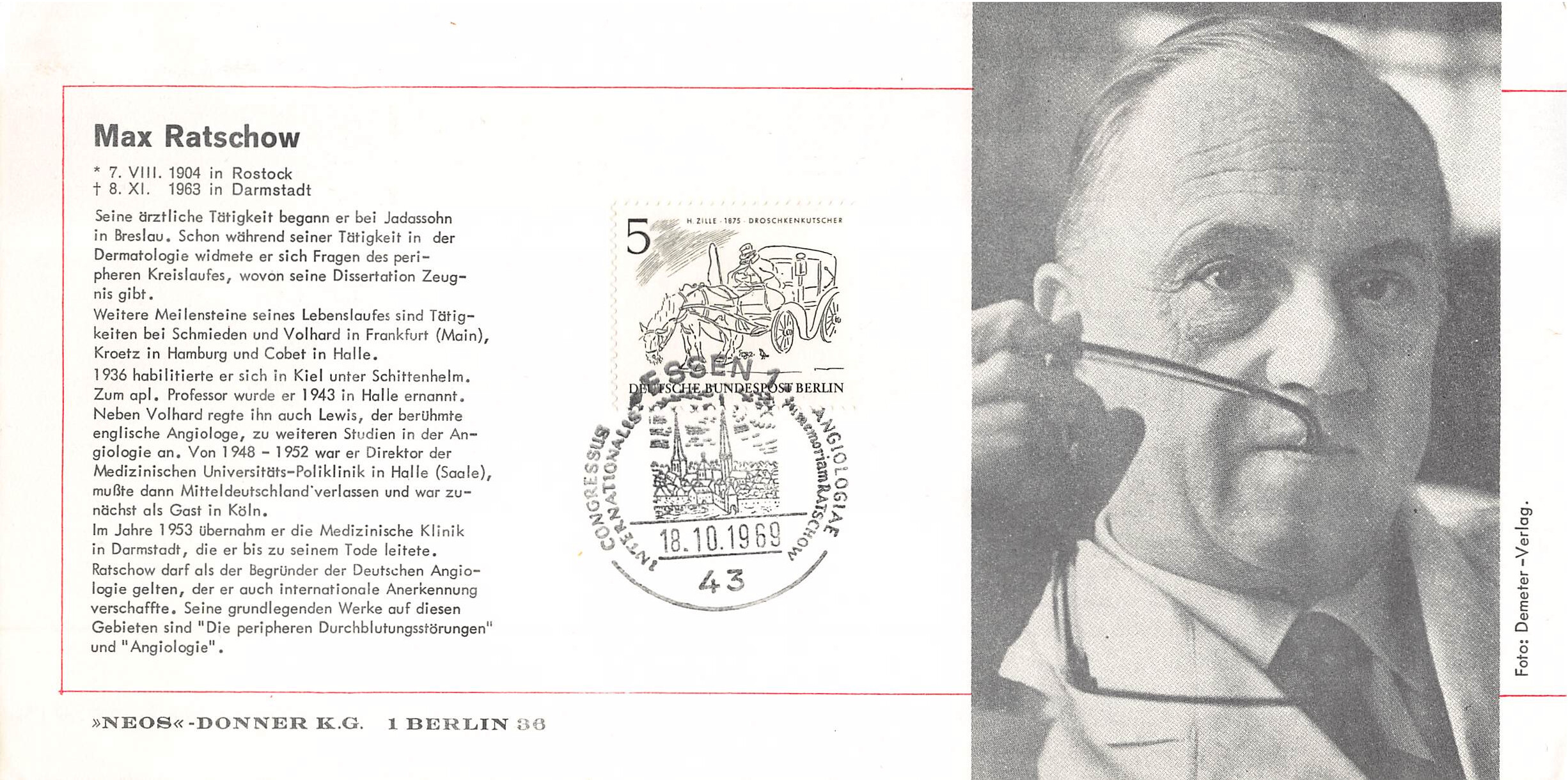 Postkarte Max Ratschow Angiologe Berlin 1969 Sonderstempel