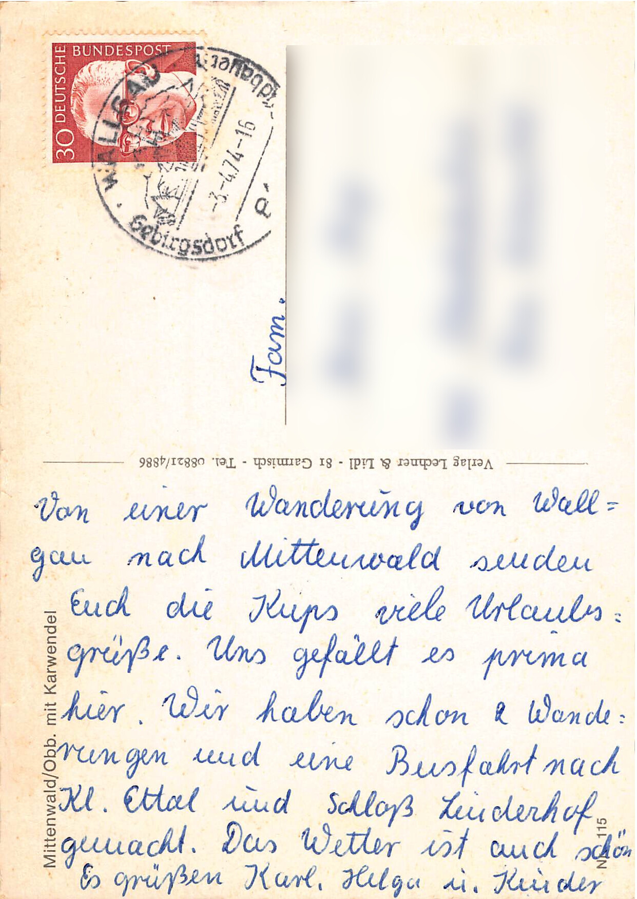 Mittenwald mit Karwendel – Luftbild, Bayern, gelaufen 1974 – Bild 2